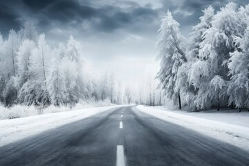 Asphalt concrete road with winter forest - obrazy, fototapety, plakaty