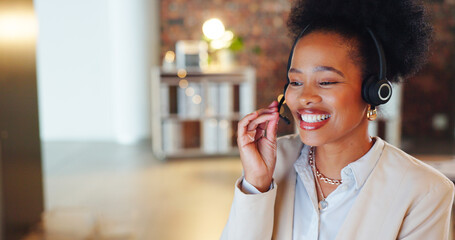 African woman, call center and talk in night, office and smile for telemarketing, voip mic and...