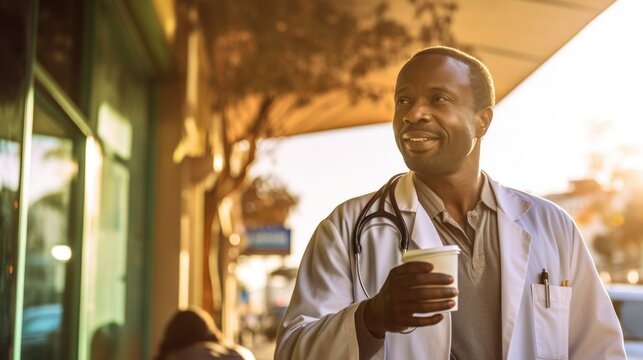 Afro doctor in medical clothes poses with coffee outside.