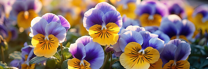 spring yellow blue flowers in the garden - obrazy, fototapety, plakaty