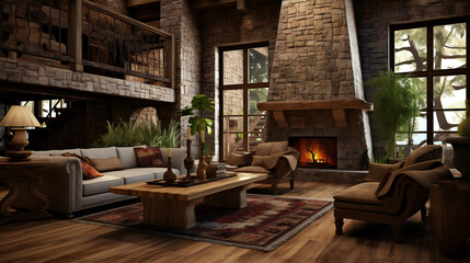 Rustic living room Design. Generative AI.