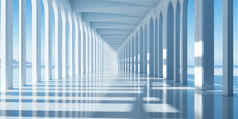Naklejka premium Architektur in schönen hellen Blau Pastell Töne in eleganter Bauweise Querformat als Banner, ai generativ