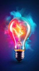 Foto op Plexiglas Creative light bulb abstract with colorful splash glowing colors new idea brainstorming concept © Adriana