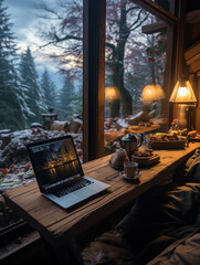 remote workplace in a mountain