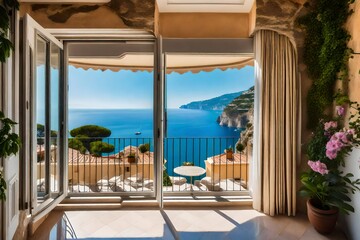 Scenic open window view of the Mediterranean Sea from a luxury resort room along the coast 