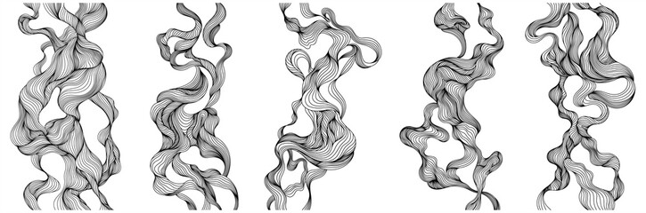 Set of abstract backgrounds with wavy lines. Monochrome hand drawn illustration.