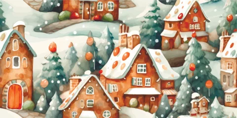 Fototapeten Seamless pattern Winter houses ,landscape,Celebrating Christmas and New Year in City. Vector seamless pattern, winter wonderland in countryside © Eli Berr