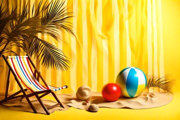 Striped deck chair and beach ball on a yellow background. oncept of summer vacation or holiday on the beach.