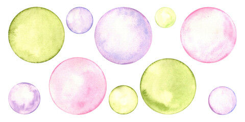 Set of translucent polka dots. Circle in soft pastel colors. Creative minimalist style. Splashes, bubbles, round doodle spots, brush strokes, stains. Watercolor illustration
