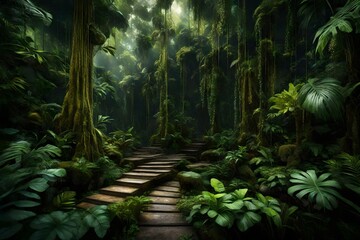  lush tropical rain forest with diverse flora and fauna.