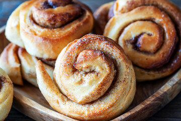 Homemade fresh baked cinnamon rolls in a wooden tray in a heart shape close up