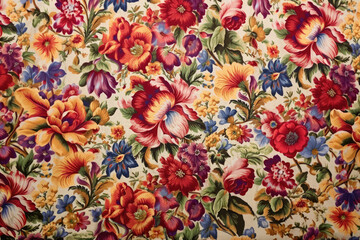 Assorted bloom embroidery on patterned fabric, wallaper background - obrazy, fototapety, plakaty