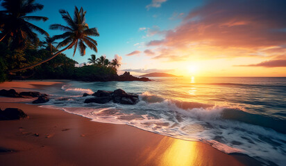 Fototapeta na wymiar Landscape of paradise tropical island beach at sunset