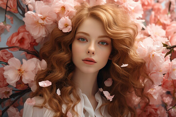 A blonde girl surrounded by the blush of sakura blossoms, creating a vision of delicate allure and purity.
