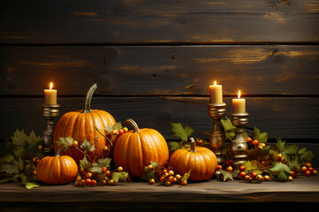 Interior decoration for Halloween celebration. There are many different pumpkins and lighted candles on the wooden table.