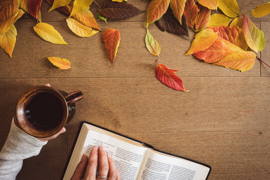Hands of woman holding cup of coffee with open bible and autumn leaves on a light wood table