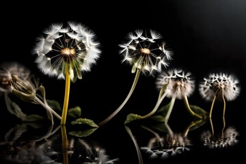 Flowers of dandelion posed on a black glass with reflections.