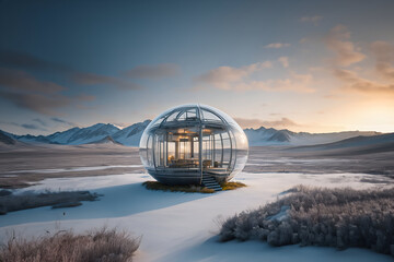 Transparent glass capsule house in the middle of a tundra - Generative AI