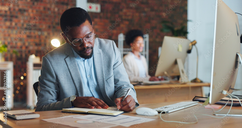 Poster black man, planning and writing notes in office with business agenda, administration or review of sc