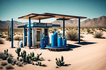 Old gas station with blue pumps in deserted arid landscape with a prickly pear cactus. Vintage look. - obrazy, fototapety, plakaty