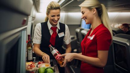 Flight attendants preparing food and drinks in the galley, AI Generative.