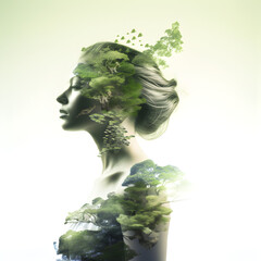 Double exposure woman covered in plants and trees. 