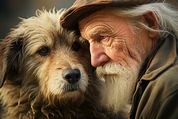 old man with his beloved pet. concept of care and support.joy, comfort and communication between people and animals