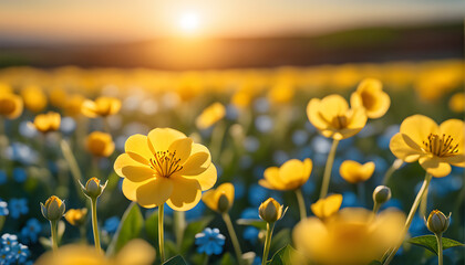 beautiful flower field at sunset time.
