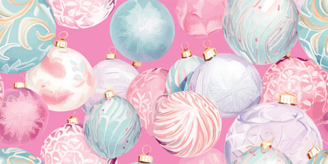 Pastel Pink blue Christmas bauble seamless pattern. Cute flat Xmas tree balls with tiny sparkles. Perfect retro print for fabric, wrapping paper or cover - obrazy, fototapety, plakaty