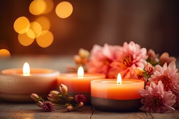 A set of candles and flowers in warm, orange, and red tones, relaxing and prepared for a spa. Concept: Transform your home into a spa with these accessories