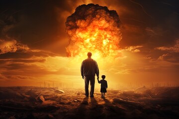 A father and his son witnessing the devastation caused by climate change, war, and a nuclear explosion. Concept: The sad legacy we leave for our children - obrazy, fototapety, plakaty