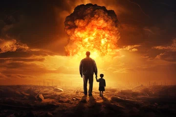 Foto op Canvas A father and his son witnessing the devastation caused by climate change, war, and a nuclear explosion. Concept: The sad legacy we leave for our children © David