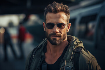 Military pilot, portrait of an air force man in sunglasses at a military base outdoors - obrazy, fototapety, plakaty