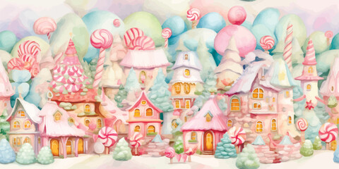 Christmas vector seamless pattern with gingerbread houses, cookies, snowflakes, pastel background. Winter holidays fairytale, candy fir trees, candy canes, festive, treats, new year, Christmas market