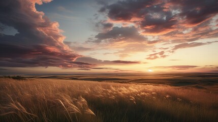 A Photograph of a serene sunset over a rolling countryside, painted in muted pastel tones, capturing the gentle sway of tall grass in the evening breeze.