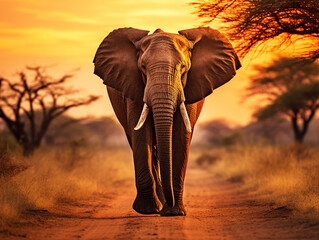 Majestic African elephant walking down a road at sunset 