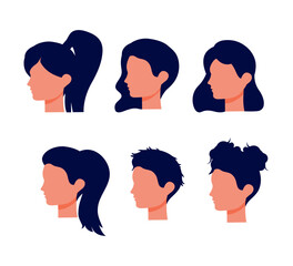 Set of faces in flat style. women. Isolated. White background. Vector illustration. Character. People. Girls. Beauty and fashion. Care