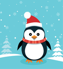 Cute Penguins wearing Santa Claus hat standing on sky blue background flat design vector illustration.