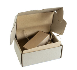 Open cardboard box. Packaging. Png file. Cardboard box with material inside.