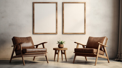 Generative AI, Poster frame mockup in beige and brown living room interior, wabi sabi minimalism style