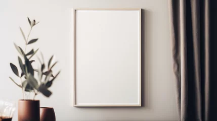 Fotobehang Generative AI, Poster frame mockup in beige and brown living room interior, wabi sabi minimalism style © DELstudio