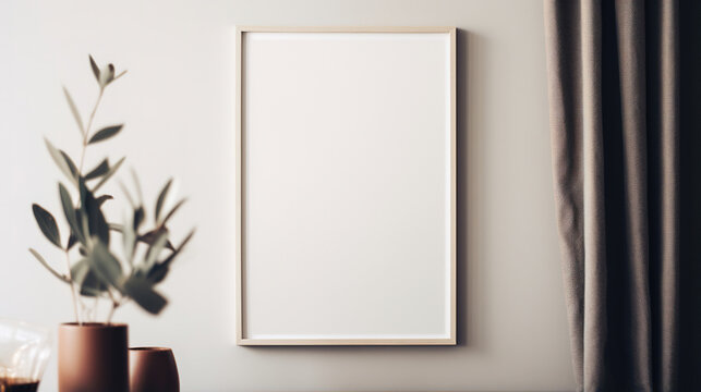 Fototapeta Generative AI, Poster frame mockup in beige and brown living room interior, wabi sabi minimalism style