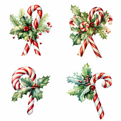 Candy canes holly berry clipart set isolated on a white background for crafts art projects scrapbooking stickers