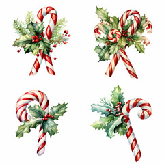 Candy canes holly berry vector set isolated on a white background. clipart for crafts art projects scrapbooking stickers