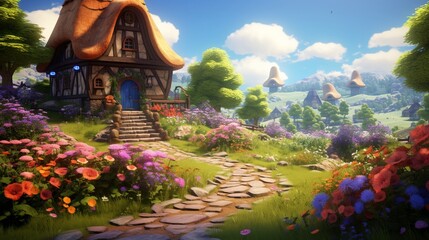 A radiant garden scene showcasing a charming hut surrounded by a diverse range of blooming flowers, connected by a curving pathway. .