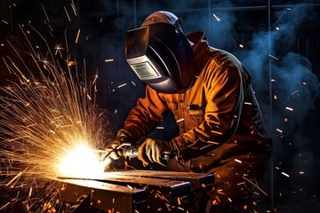 Industrial Welder With Torch. Highly skilled welder workers are welding in the construction site in the factory.