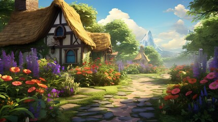 A serene garden scene featuring a picturesque hut surrounded by vibrant flowers and a meandering pathway. .