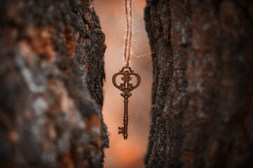 Old vintage key in a dark forest.
Close-up of an ancient key against a background of trees.
Photo of the key to knowledge. The key to success is close-up.