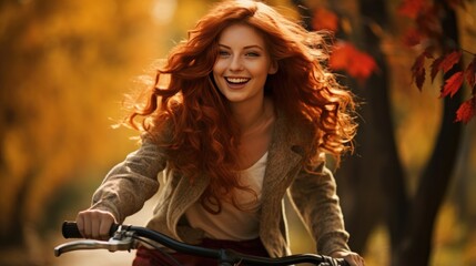 Portrait of a beautiful happy red-haired young woman on a bicycle in the autumn forest.