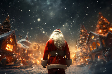 Santa Claus brings boxes of presents to people at night - obrazy, fototapety, plakaty